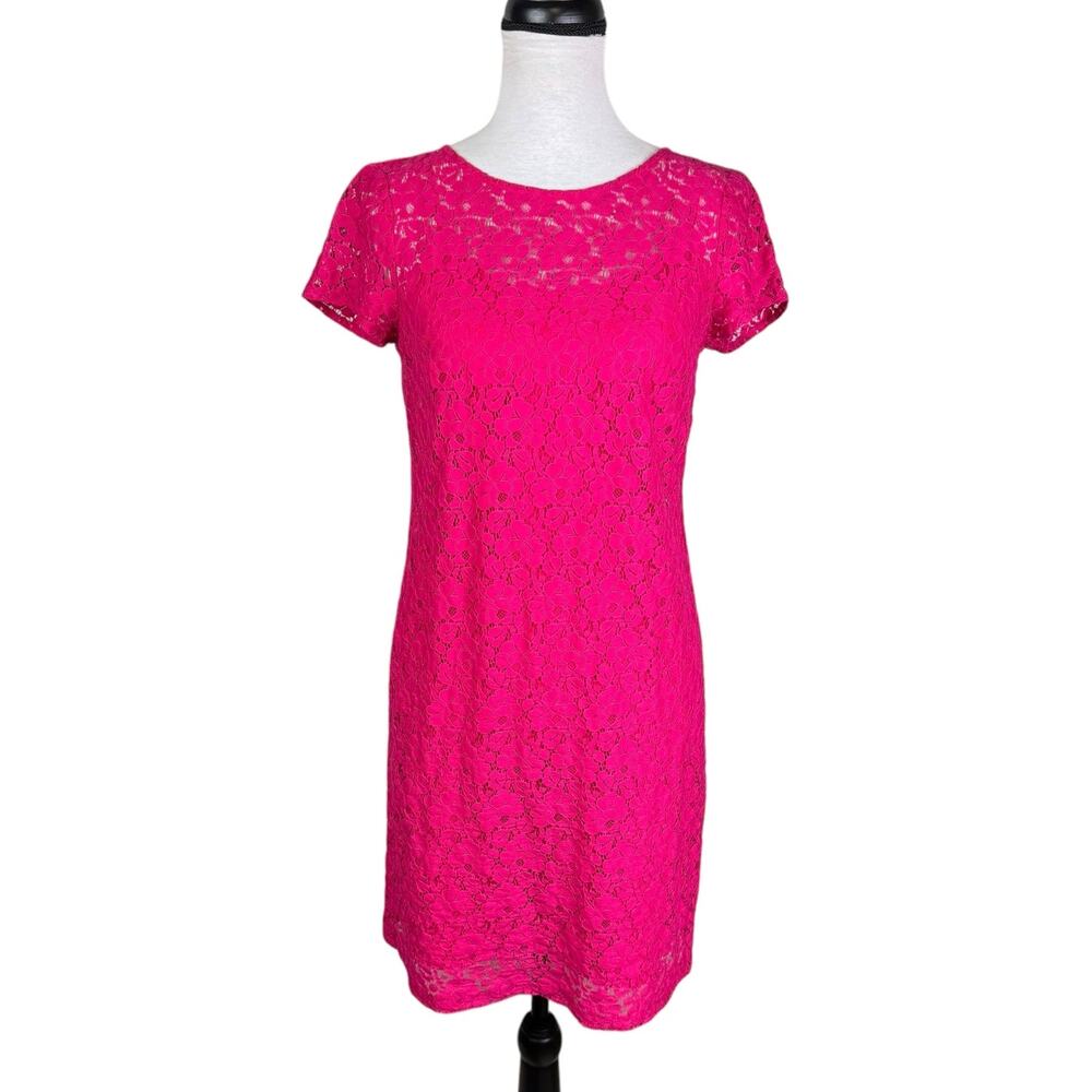 Donna Morgan Pink Eyelet Lace Short Sleeve Mini Knee Length Zip Up Sheath Dress